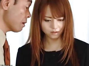 Japanese wife in stockings fucked by husbands boss